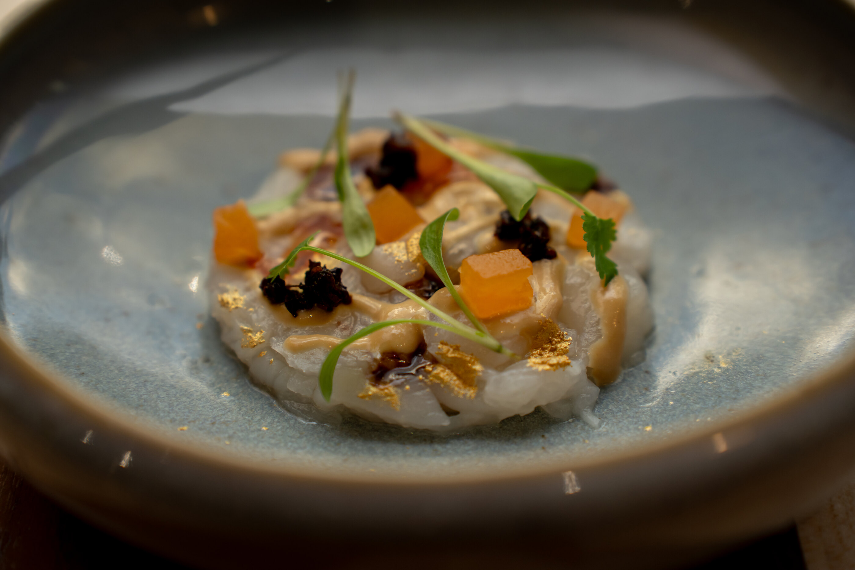 Harrisburg plated scallop course with herbs and gold leaf